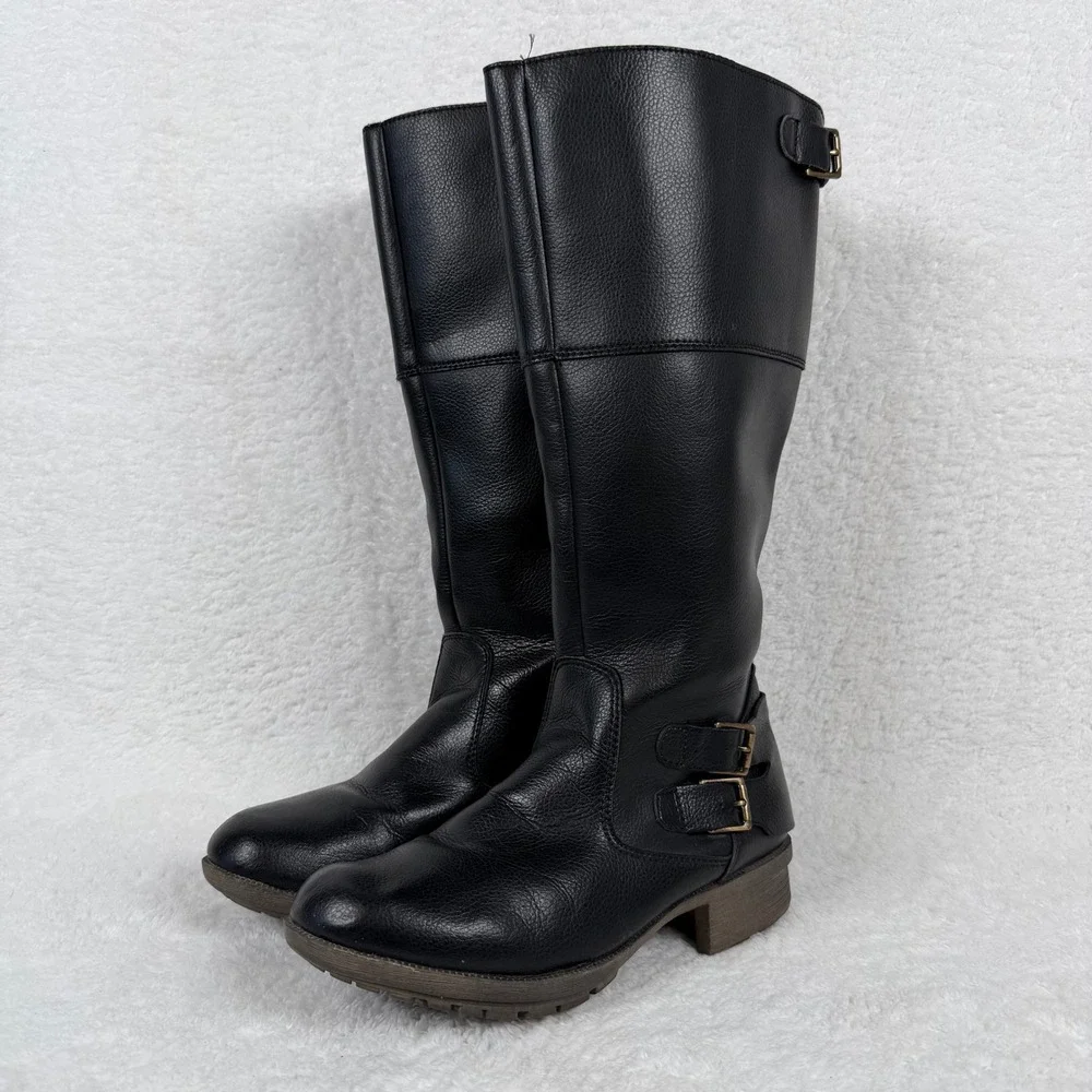 Clarks 'Riddle Phrase' Black Leather Tall Knee High Boots Buckle Zip Side Size 9
